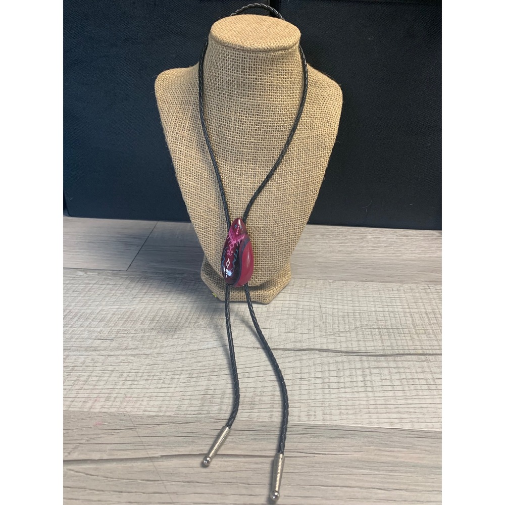 Vintage Hand Painted Magenta Tribal Teardrop Bolo Tie Black Braided Cord 3871